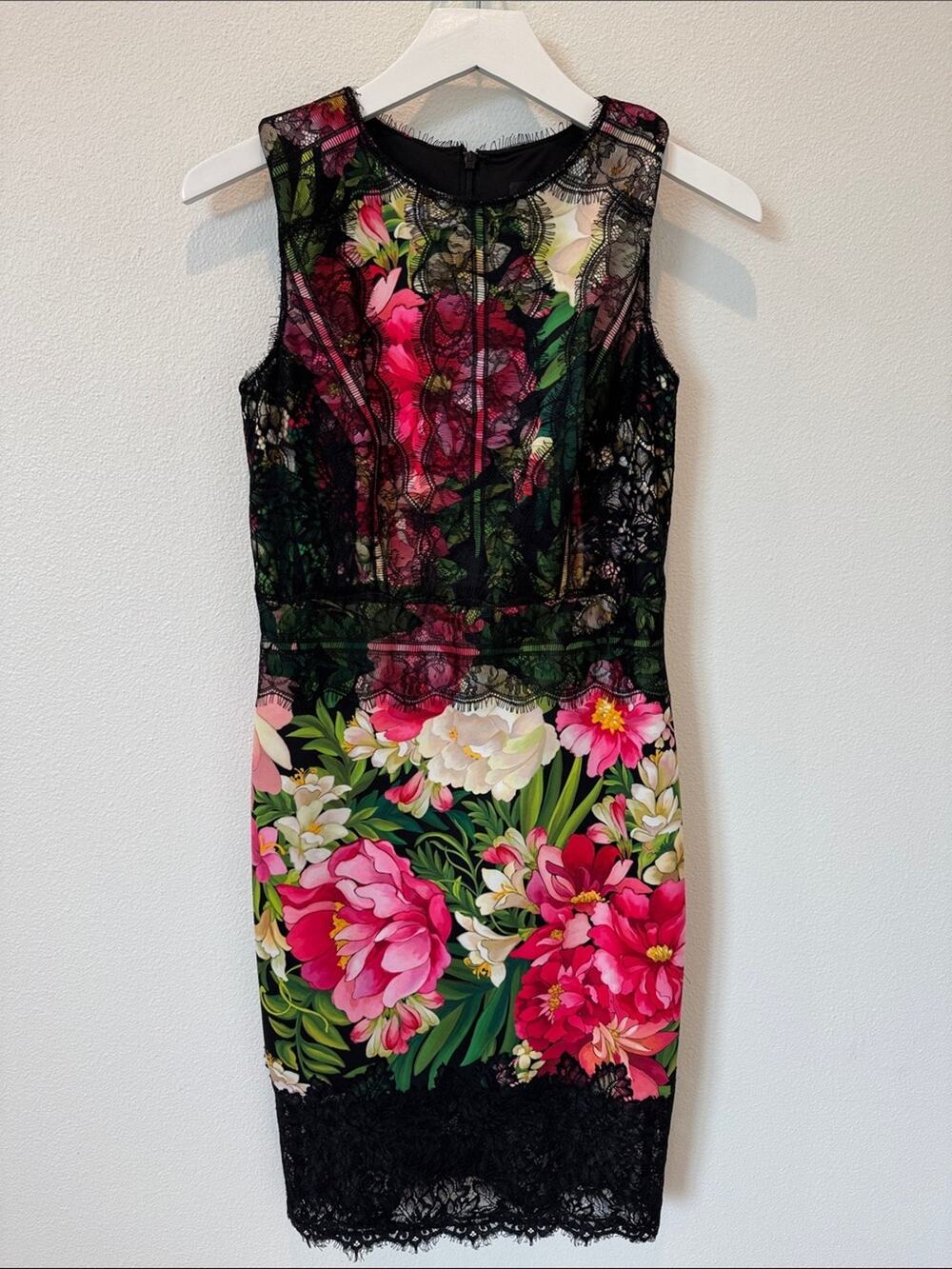Tadashi Shoji Black Lace Floral Print Sheath Dress Cocktail, Wedding